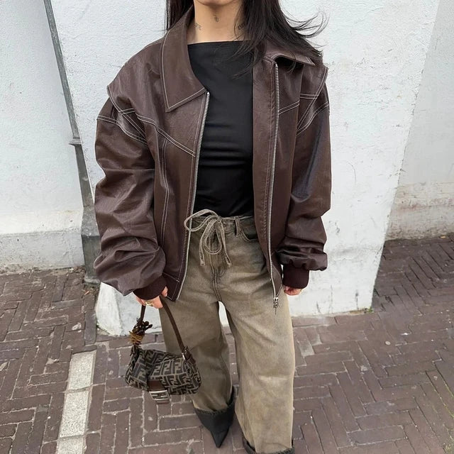 Aurea – Oversize Lederjacke im Retro-Look