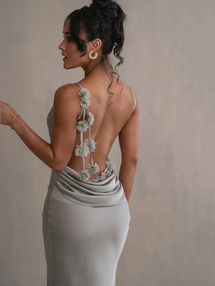 Adriana - Damen Abendkleid rückenfrei mit Blumenapplikationen