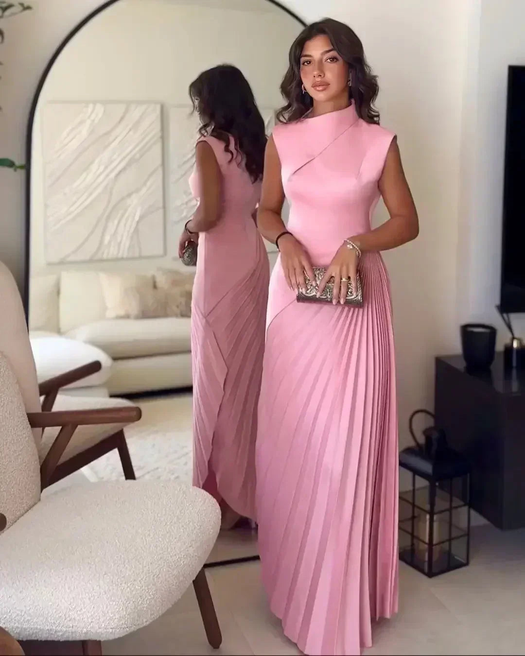 Lucia - Damen Abendkleid mit Faltenrock und hohem Kragen