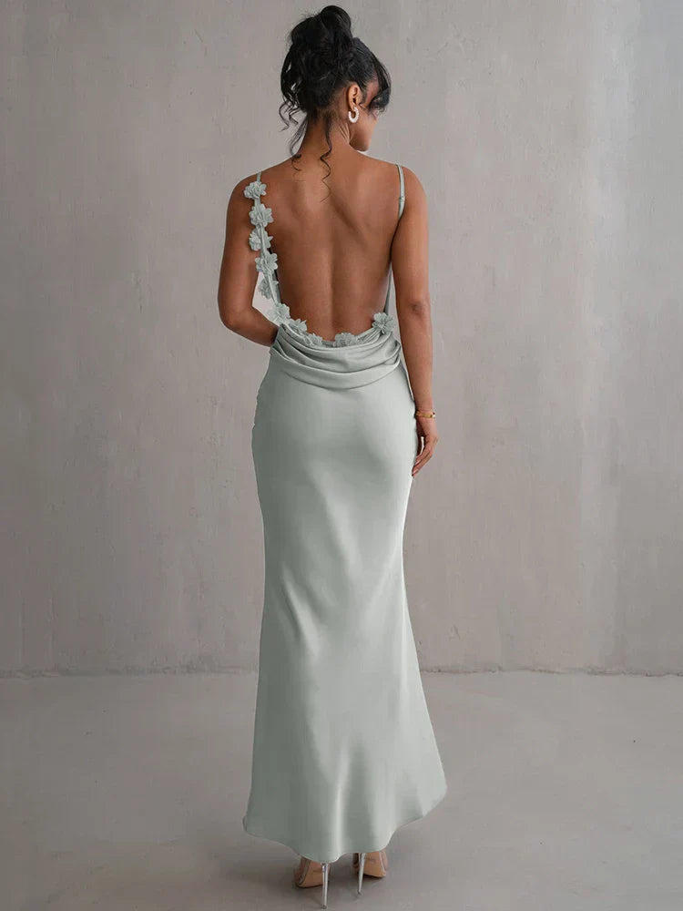 Adriana - Damen Abendkleid rückenfrei mit Blumenapplikationen