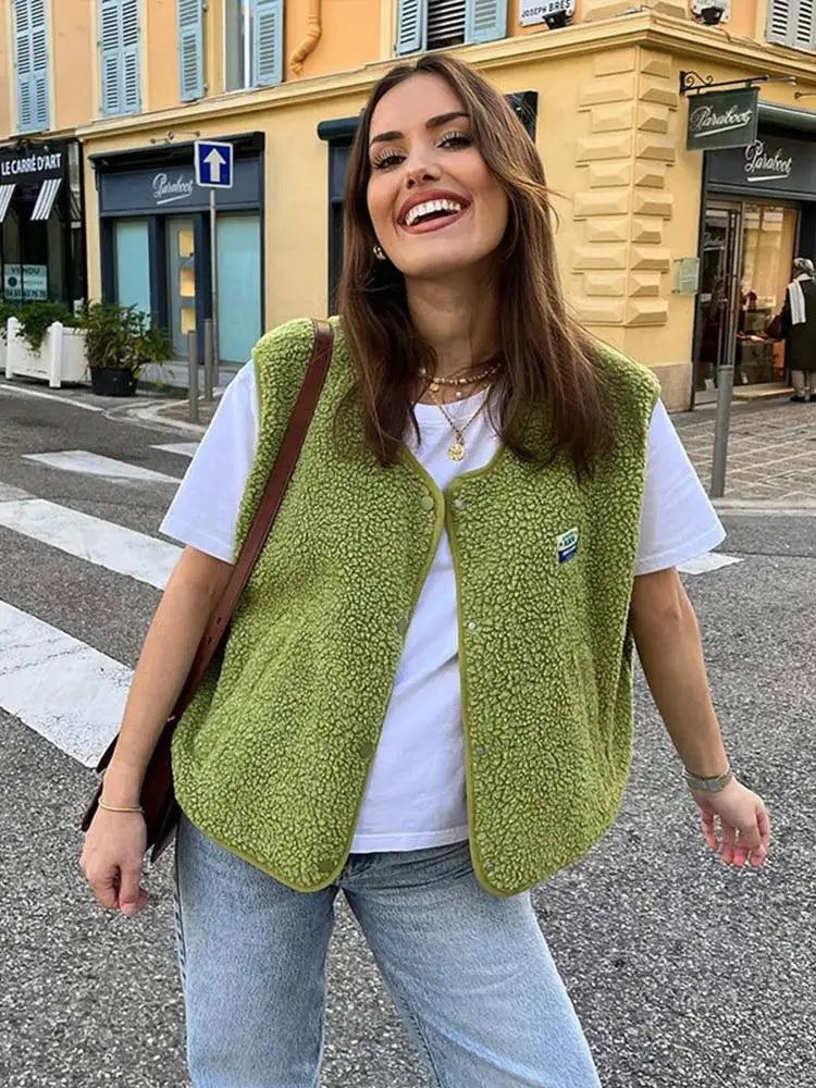 Clara - Damen Fleece Weste mit Druckknöpfen