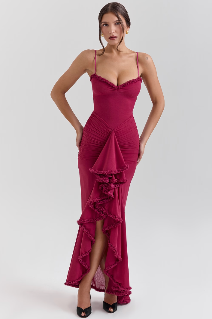 Valeria - Damen Abendkleid mit Volants und figurbetont