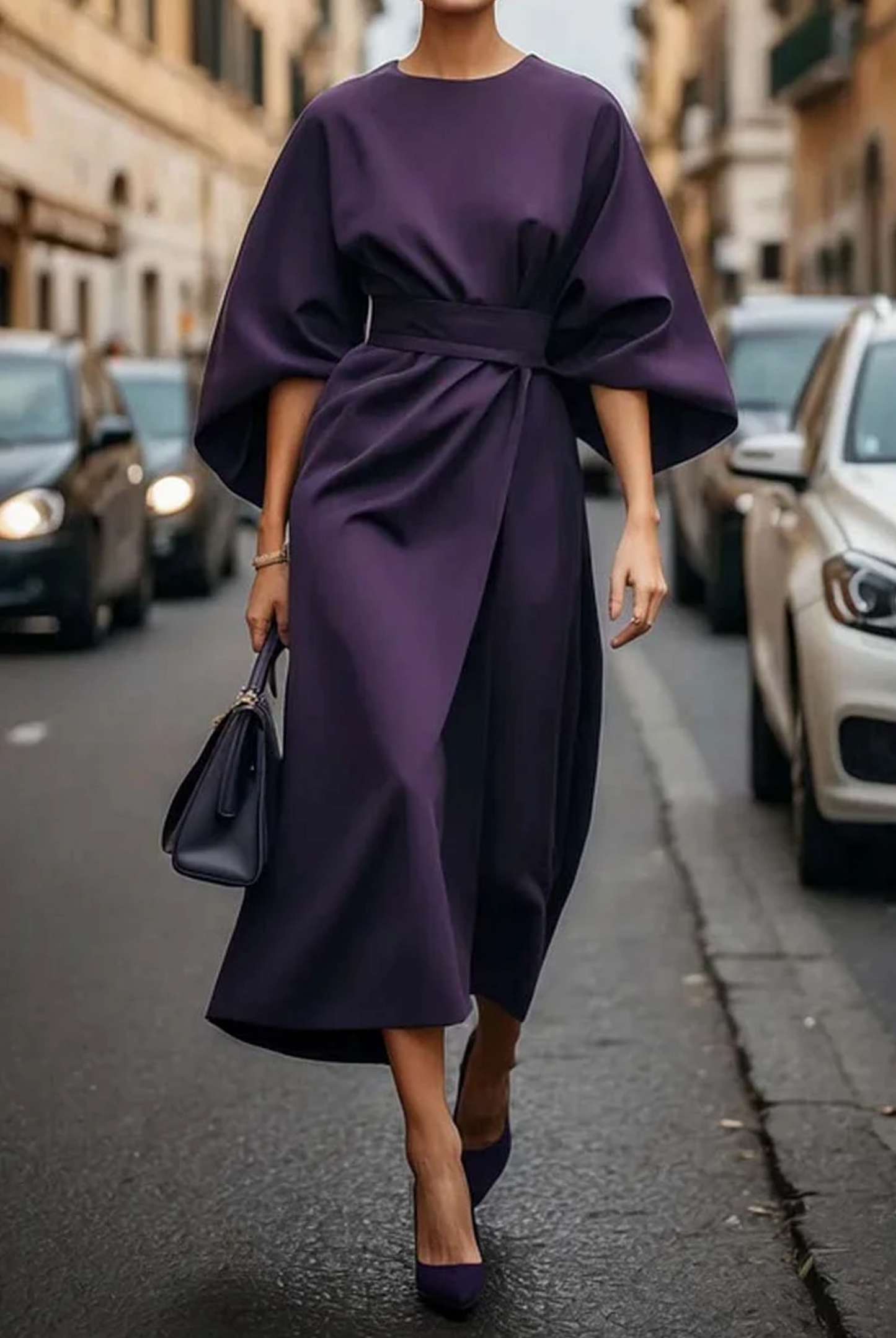 Elena - Damenkleid mit weitem Ärmel-Design und Taillengürtel