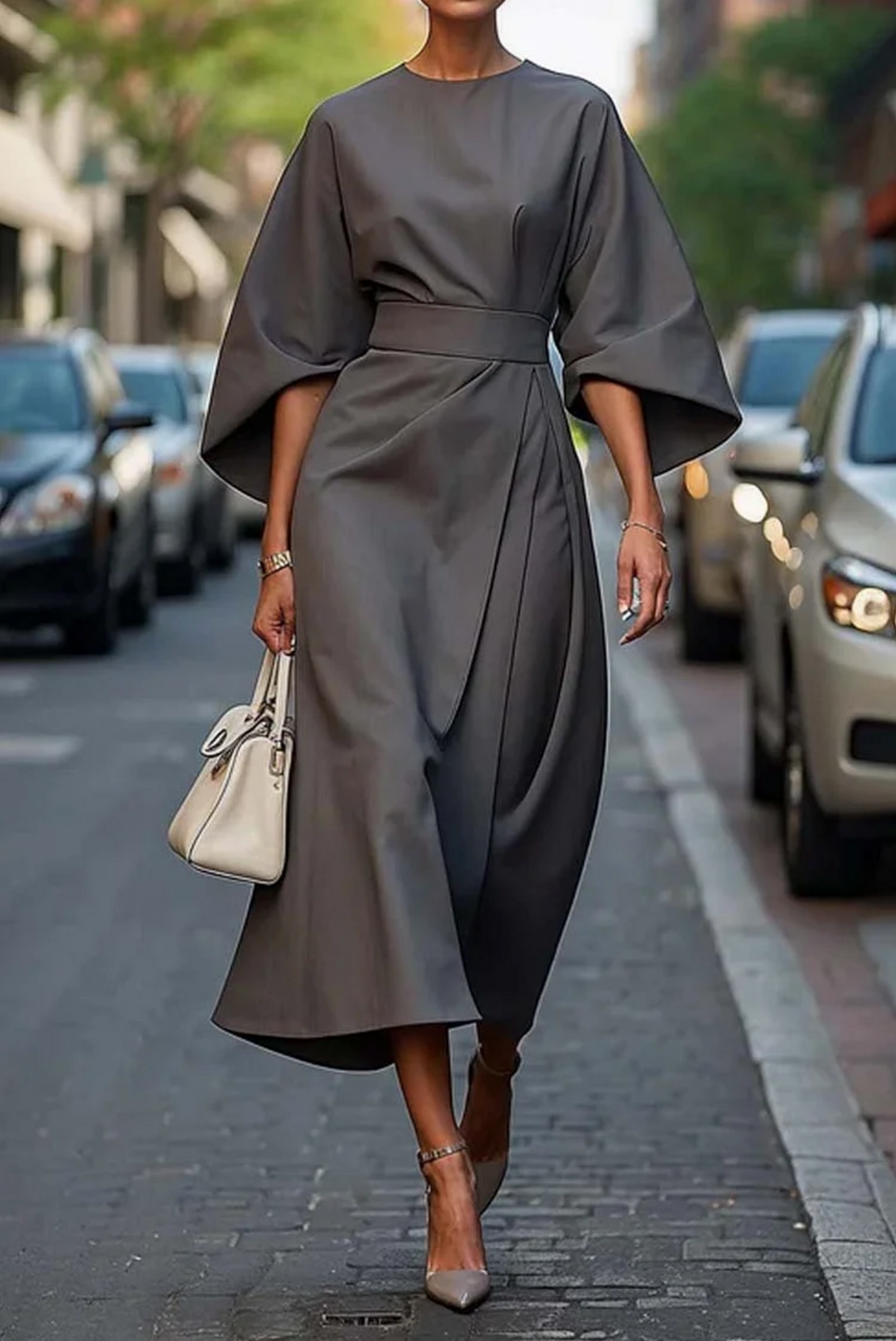 Elena - Damenkleid mit weitem Ärmel-Design und Taillengürtel