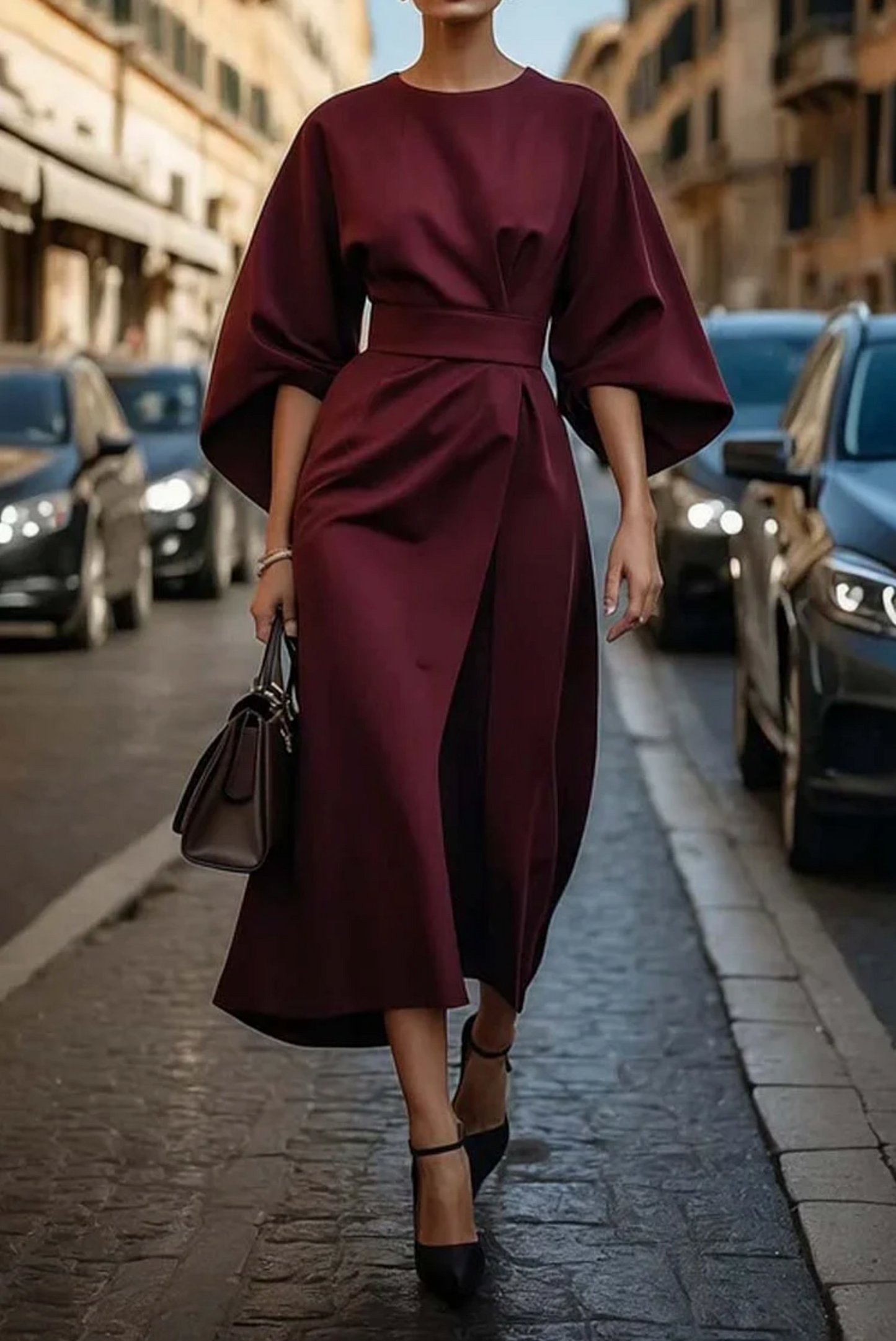 Elena - Damenkleid mit weitem Ärmel-Design und Taillengürtel