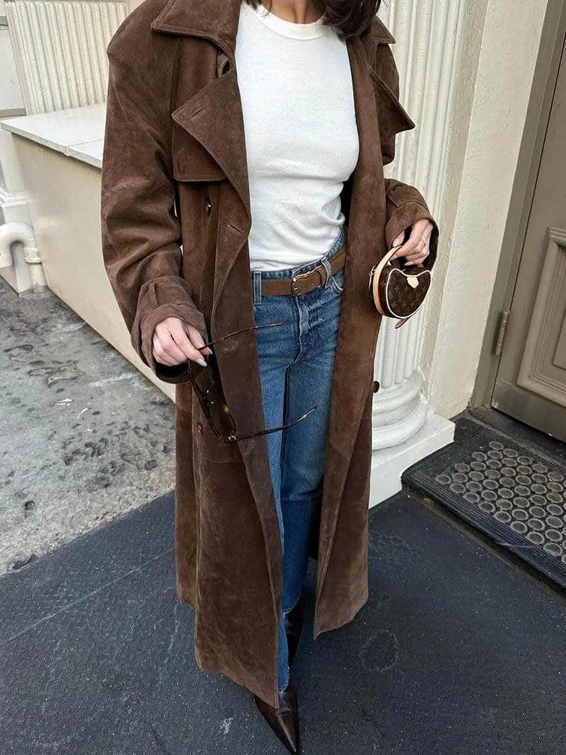 Isabella - Damen Wildleder Trenchcoat lang mit Reverskragen und Bindegürtel