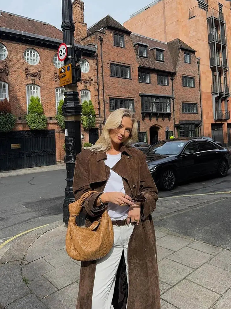 Isabella - Damen Wildleder Trenchcoat lang mit Reverskragen und Bindegürtel