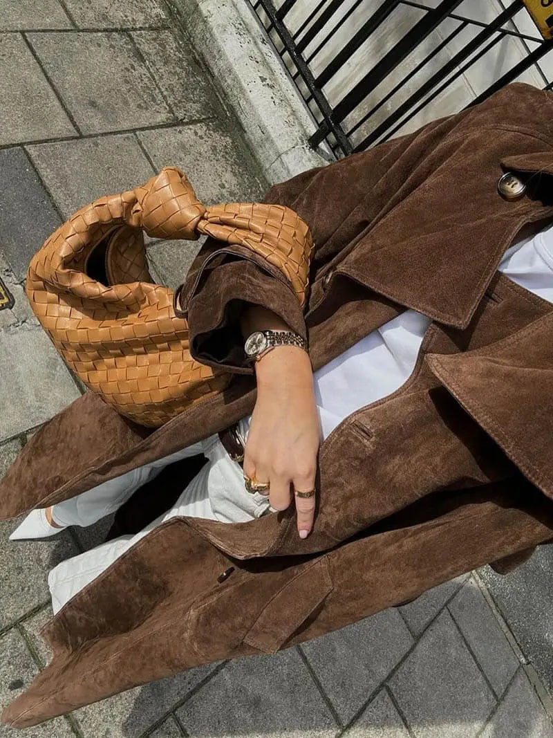 Isabella - Damen Wildleder Trenchcoat lang mit Reverskragen und Bindegürtel
