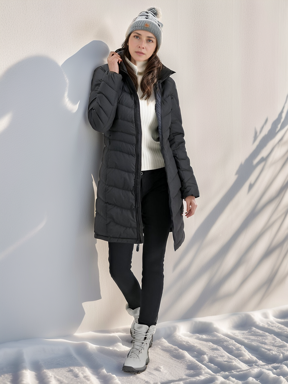 Morgana – Lange gesteppte Damenjacke mit Kapuze