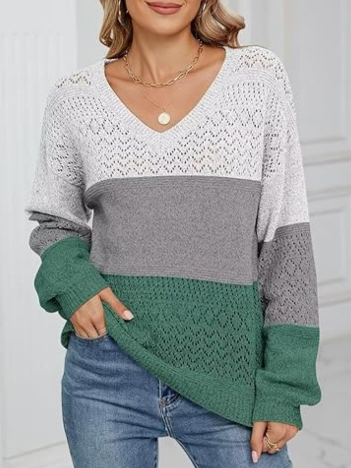 Juliana - Damen Strickpullover mit V-Ausschnitt und Farbblöcken