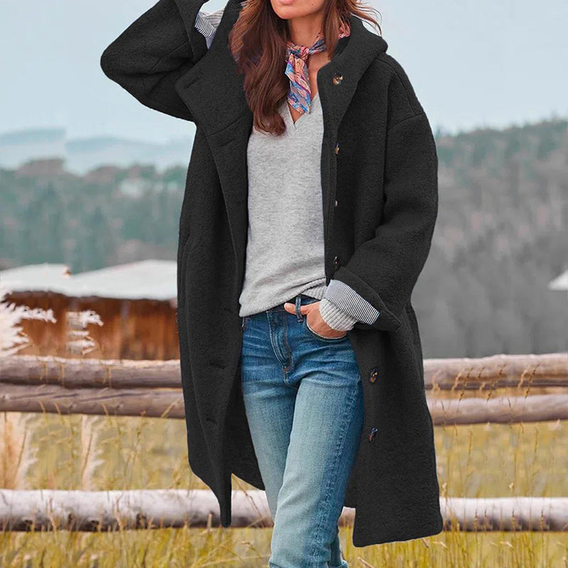 Mara – Langer Wollmantel Damen mit Kapuze