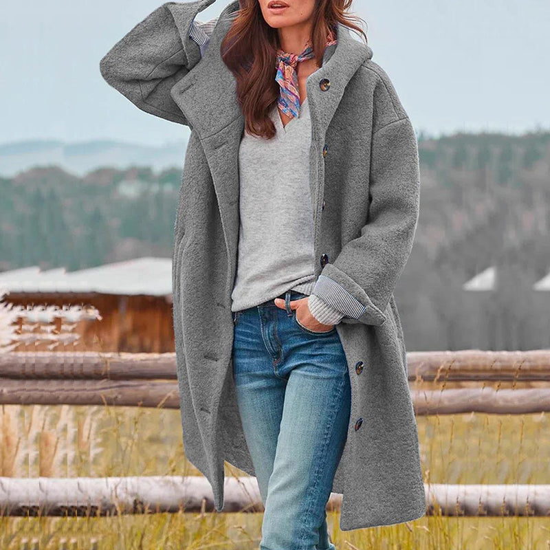 Mara – Langer Wollmantel Damen mit Kapuze