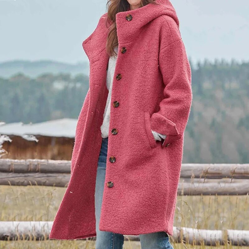 Mara – Langer Wollmantel Damen mit Kapuze