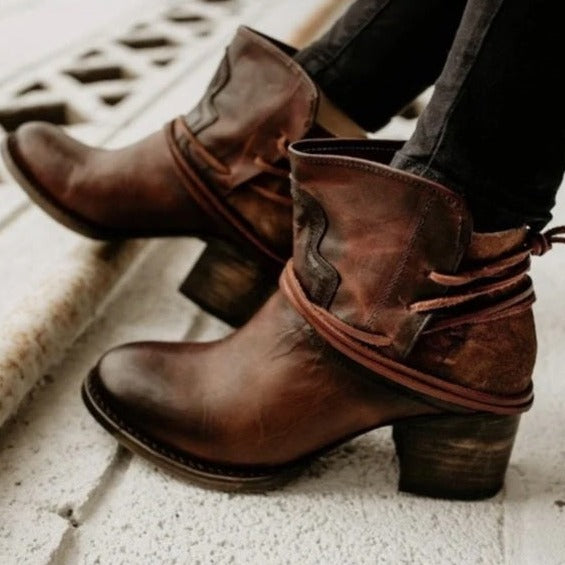 Schwarze Leder-Cowboystiefel für Damen, Blockabsatz, Outdoor-Mode, Westernstil.