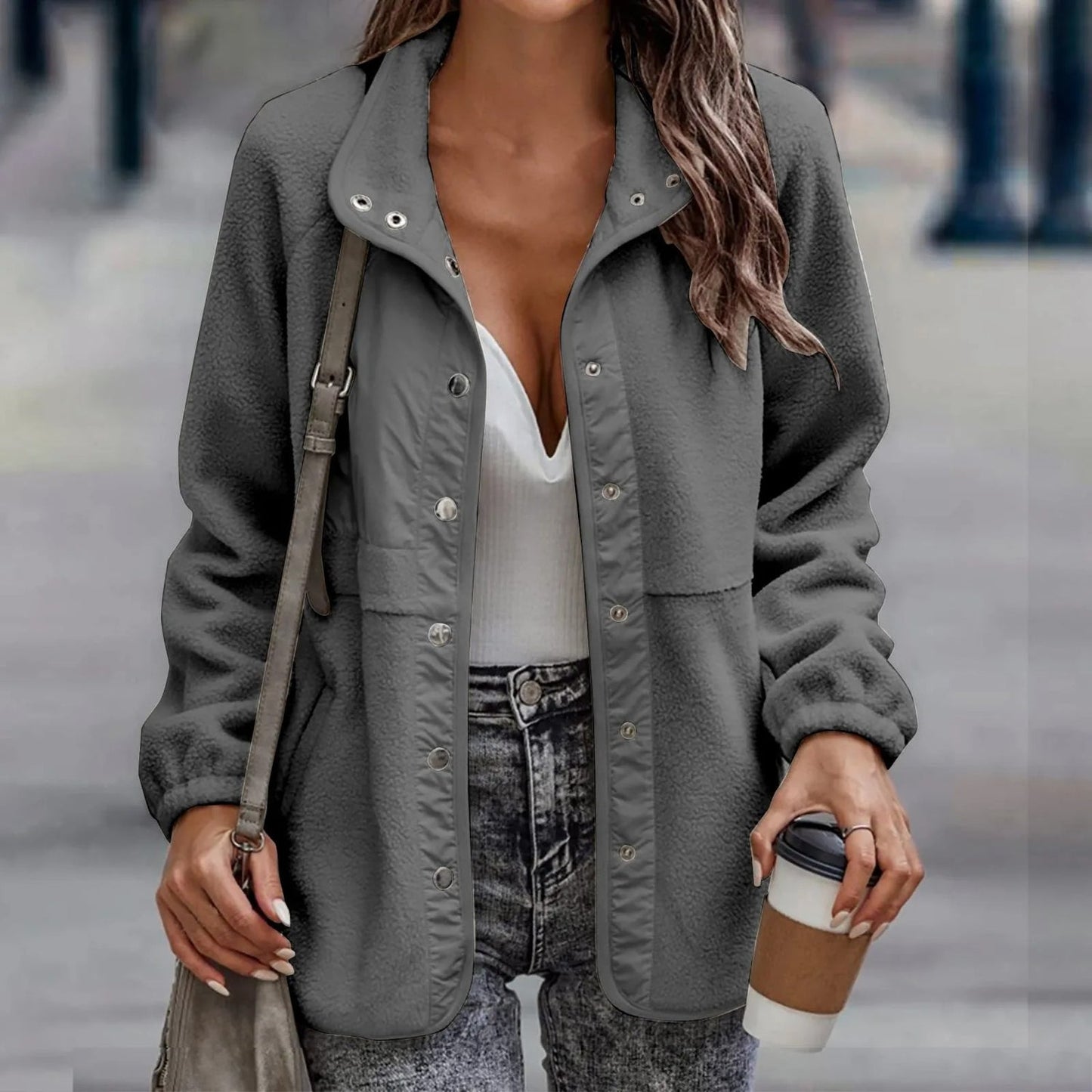 Julia - Damen Fleecejacke mit Druckknöpfen und Stehkragen