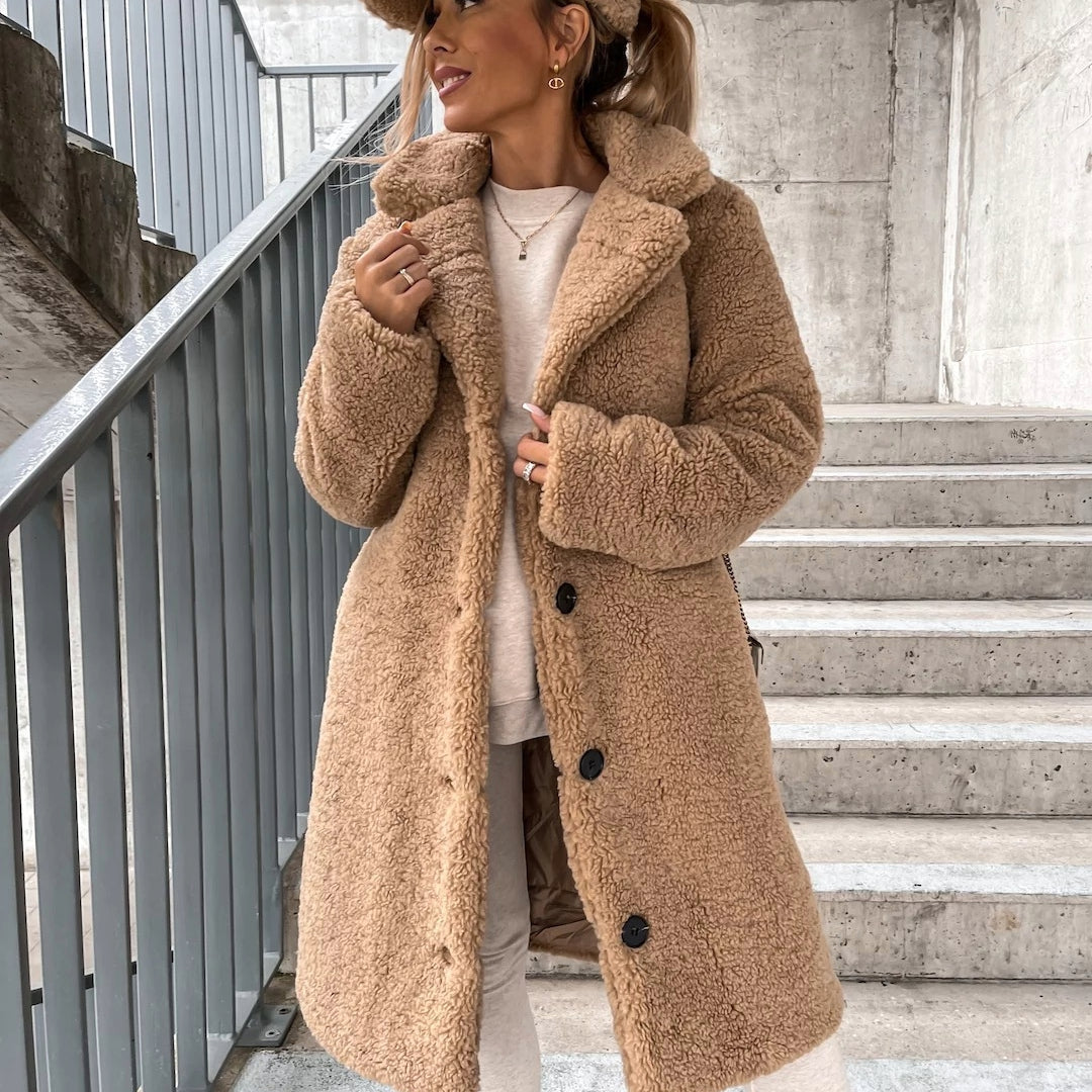 Isabelle - Damen Teddyfellmantel mit Reverskragen Herbst Winter