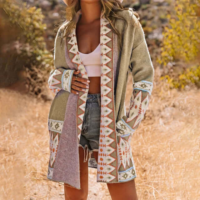 Alina - Damen Strickjacke mit offenem Schnitt und Ethno-Design