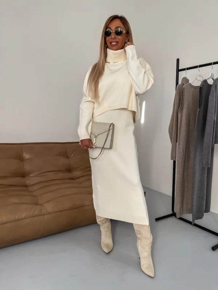 Selina – Damen Strick-Set mit Rollkragenpullover und Midirock