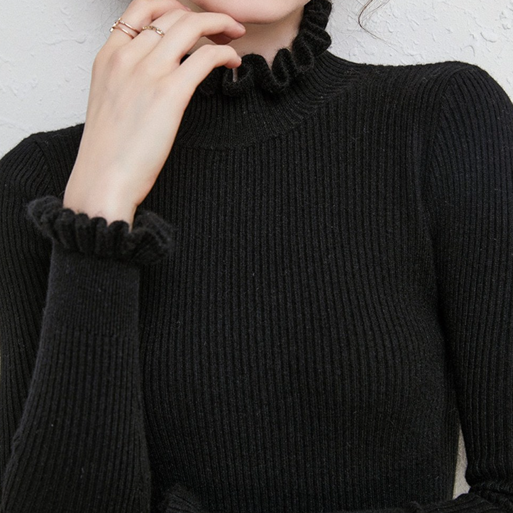 Amelie - Damen Strickpullover Slim Fit mit Rüschenkragen