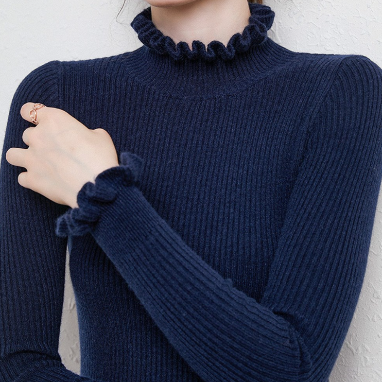 Amelie - Damen Strickpullover Slim Fit mit Rüschenkragen