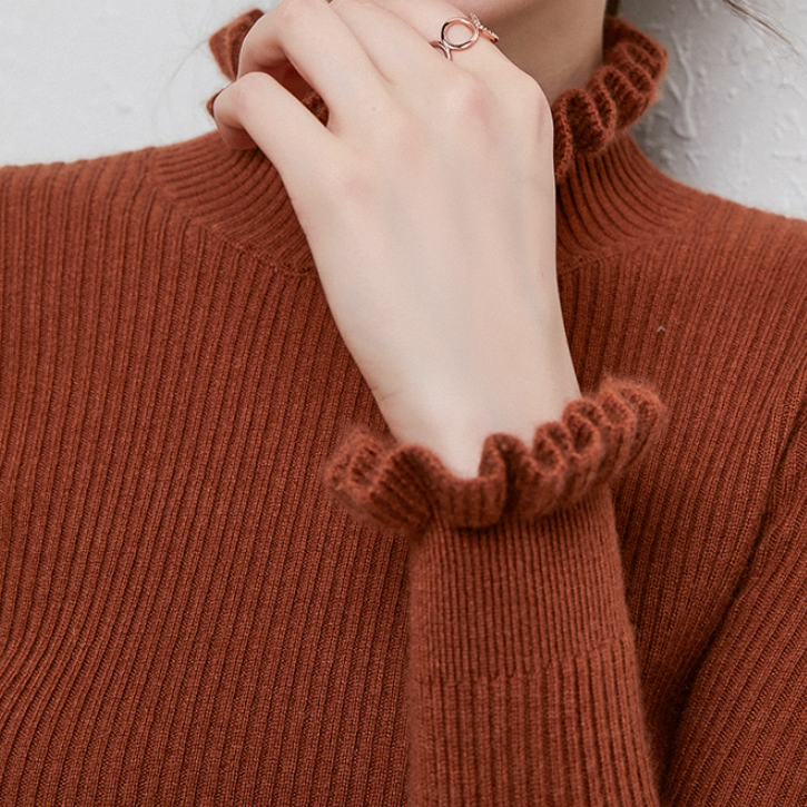 Amelie - Damen Strickpullover Slim Fit mit Rüschenkragen