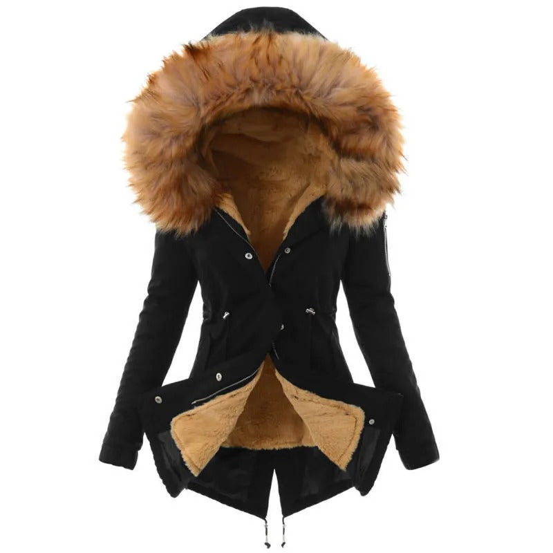 Maya - Damen Winterjacke mit Kapuze und Kunstfellkragen