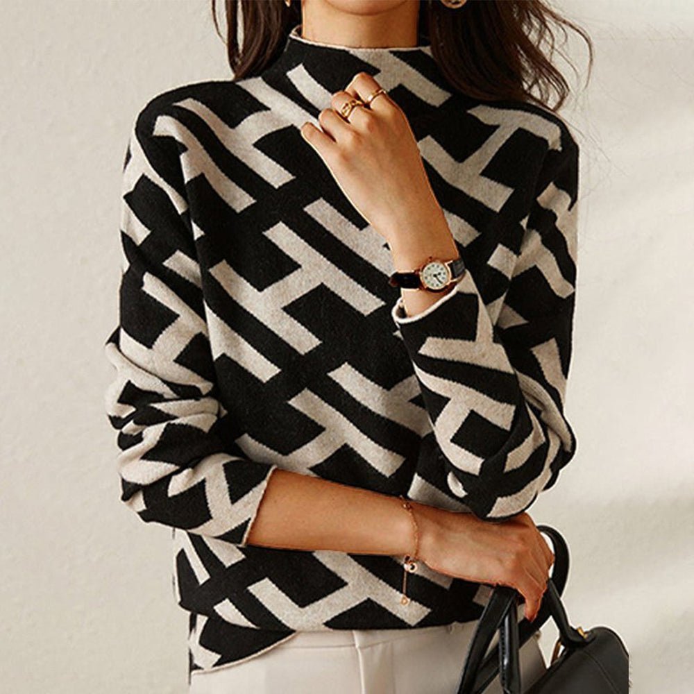 Adele – Damen Strickpullover mit geometrischem Muster und Stehkragen