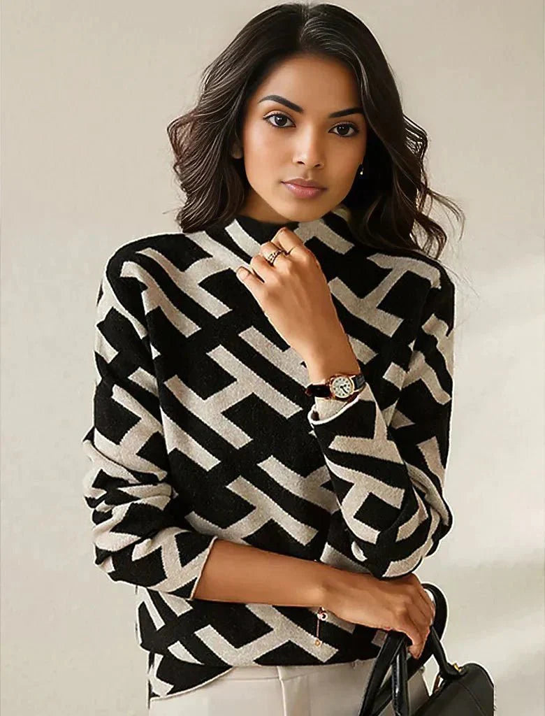 Adele – Damen Strickpullover mit geometrischem Muster und Stehkragen