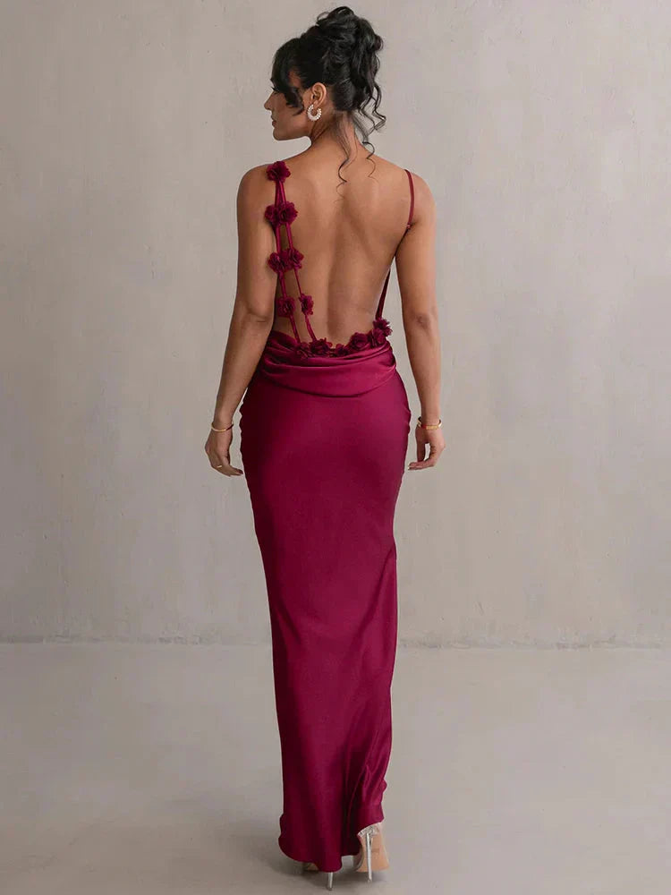 Adriana - Damen Abendkleid rückenfrei mit Blumenapplikationen