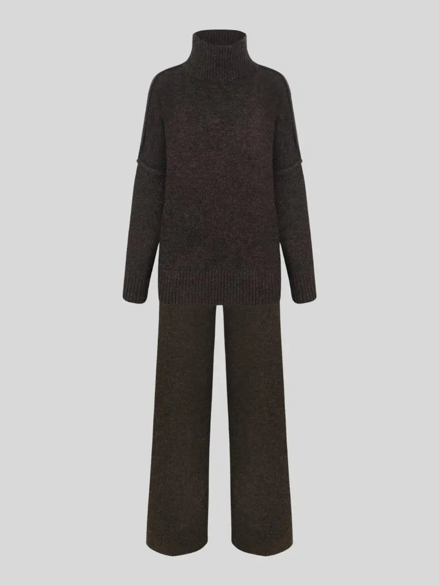 Alina - Damen Strick Set Zweiteiler Oversize Pullover mit Rollkragen und weiter Hose