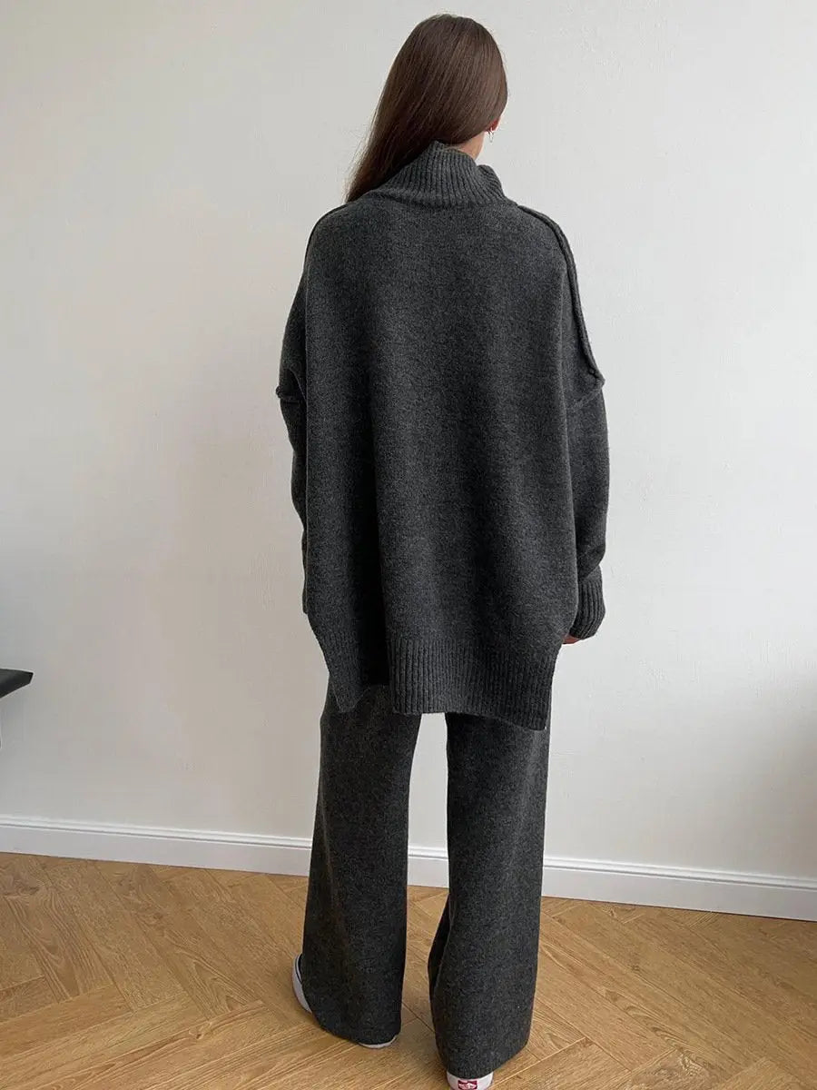 Alina - Damen Strick Set Zweiteiler Oversize Pullover mit Rollkragen und weiter Hose