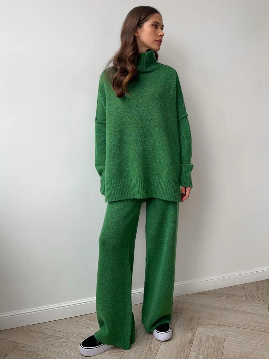 Alina - Damen Strick Set Zweiteiler Oversize Pullover mit Rollkragen und weiter Hose