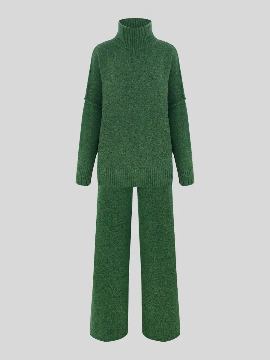 Alina - Damen Strick Set Zweiteiler Oversize Pullover mit Rollkragen und weiter Hose