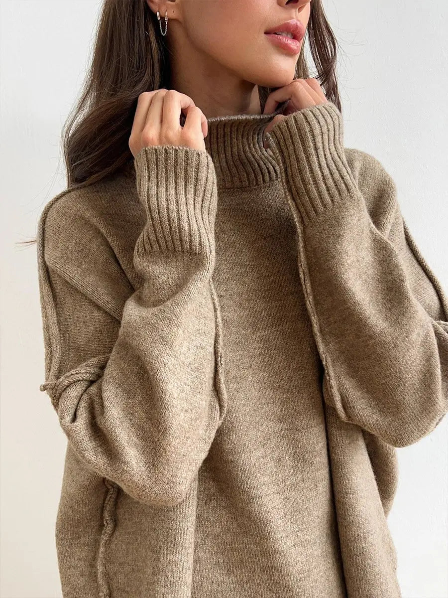 Alina - Damen Strick Set Zweiteiler Oversize Pullover mit Rollkragen und weiter Hose
