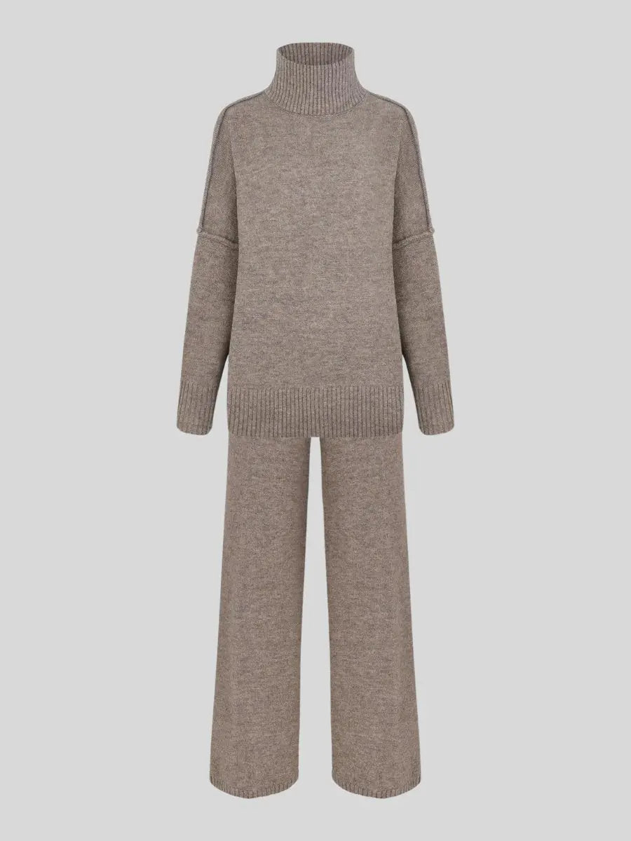 Alina - Damen Strick Set Zweiteiler Oversize Pullover mit Rollkragen und weiter Hose