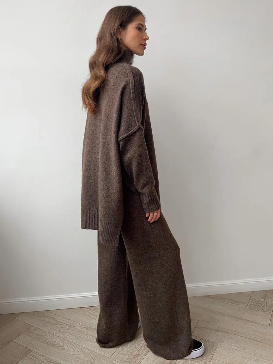 Alina - Damen Strick Set Zweiteiler Oversize Pullover mit Rollkragen und weiter Hose