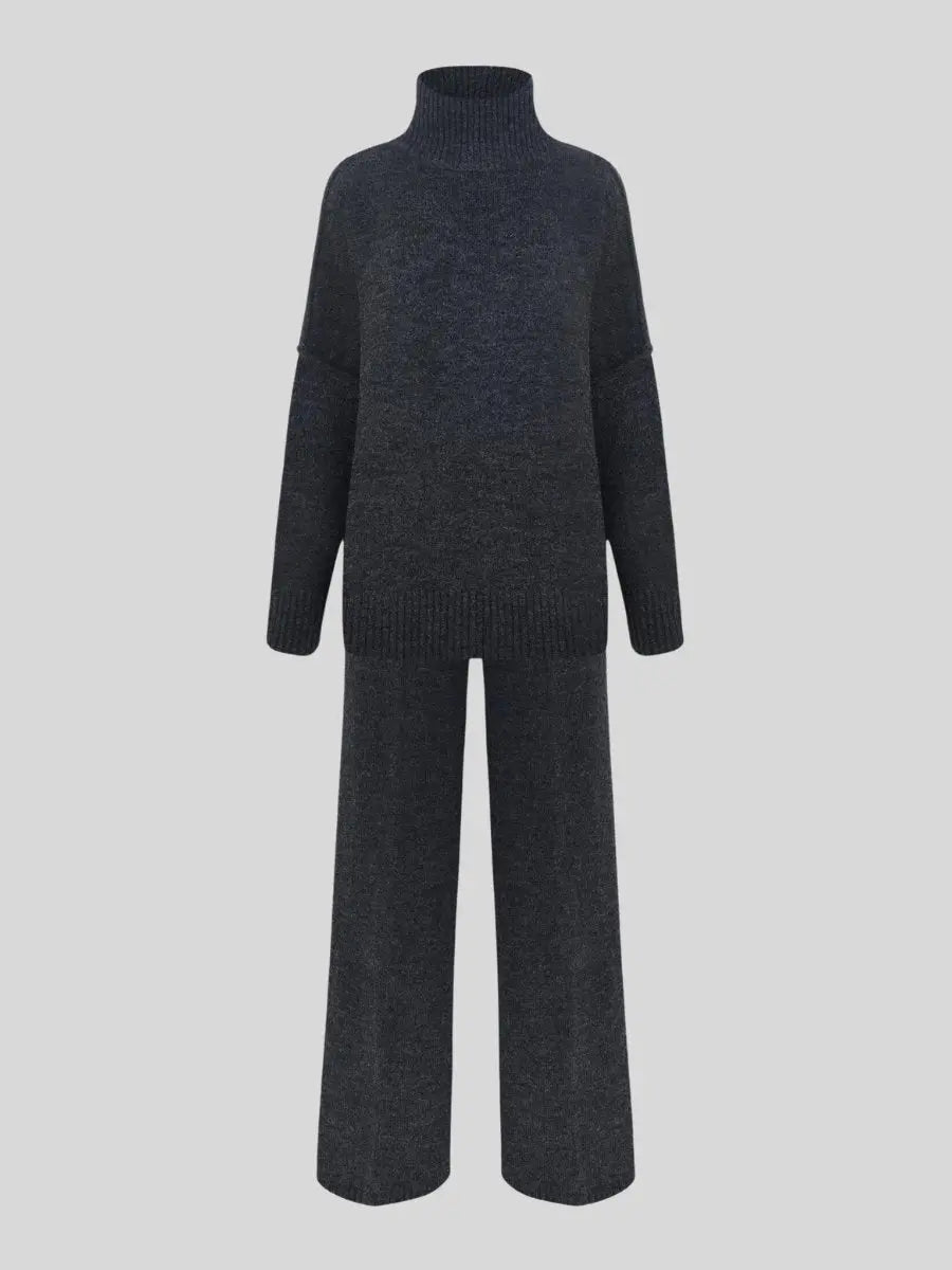 Alina - Damen Strick Set Zweiteiler Oversize Pullover mit Rollkragen und weiter Hose
