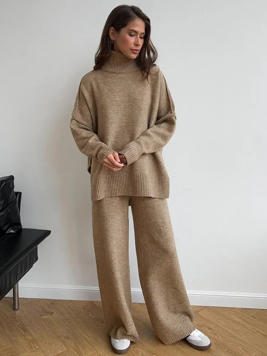 Alina - Damen Strick Set Zweiteiler Oversize Pullover mit Rollkragen und weiter Hose
