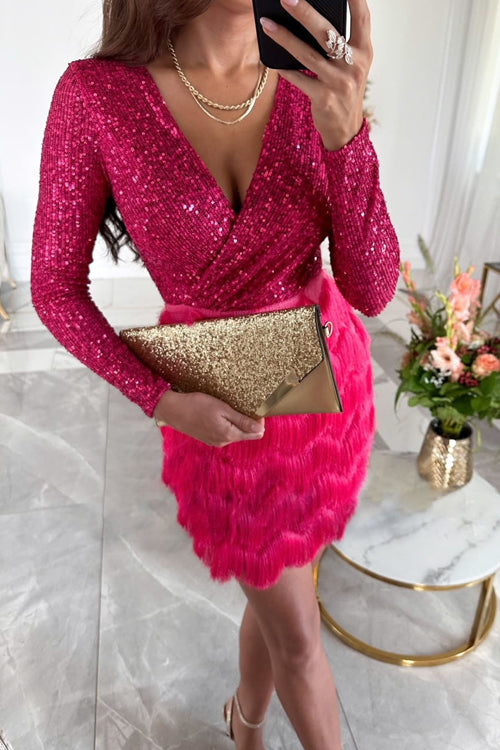 Elena - Damen Minikleid funkelnd mit V-Ausschnitt langen Ärmeln