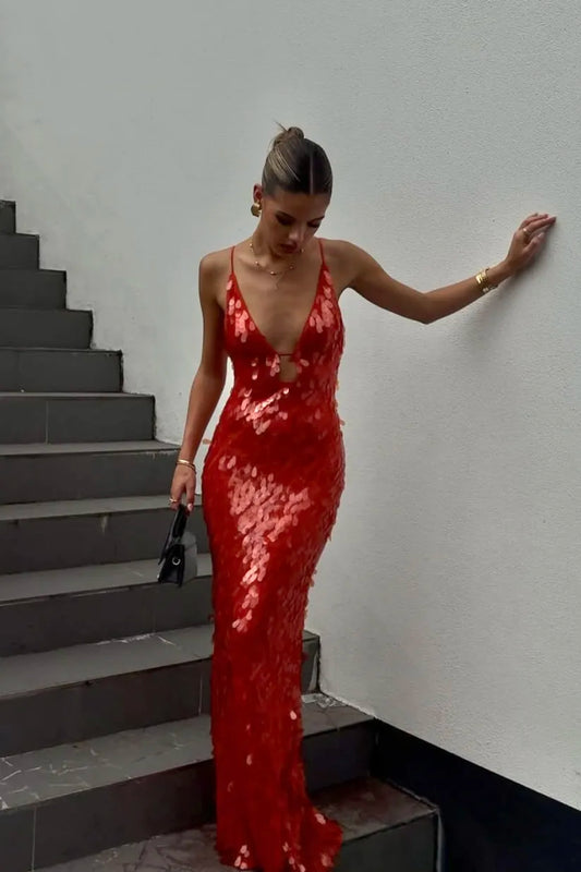 Camila - Damen Abendkleid mit Pailletten und tiefem Ausschnitt