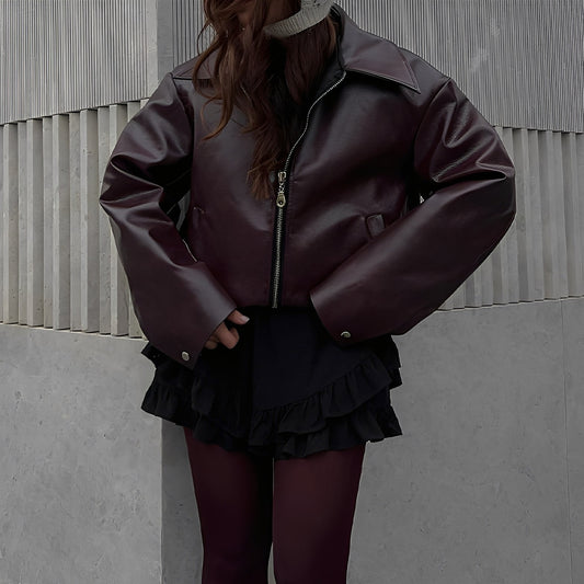 Noelle – Damen Kunstlederjacke mit Reißverschluss und Oversize-Passform