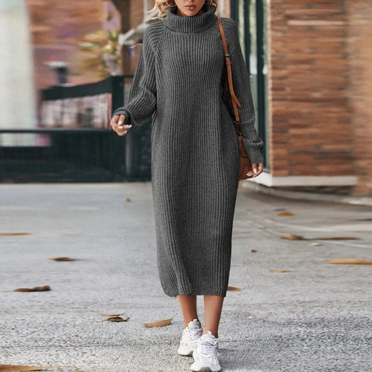 Elena – Damen Strickkleid mit Rollkragen und langer Passform