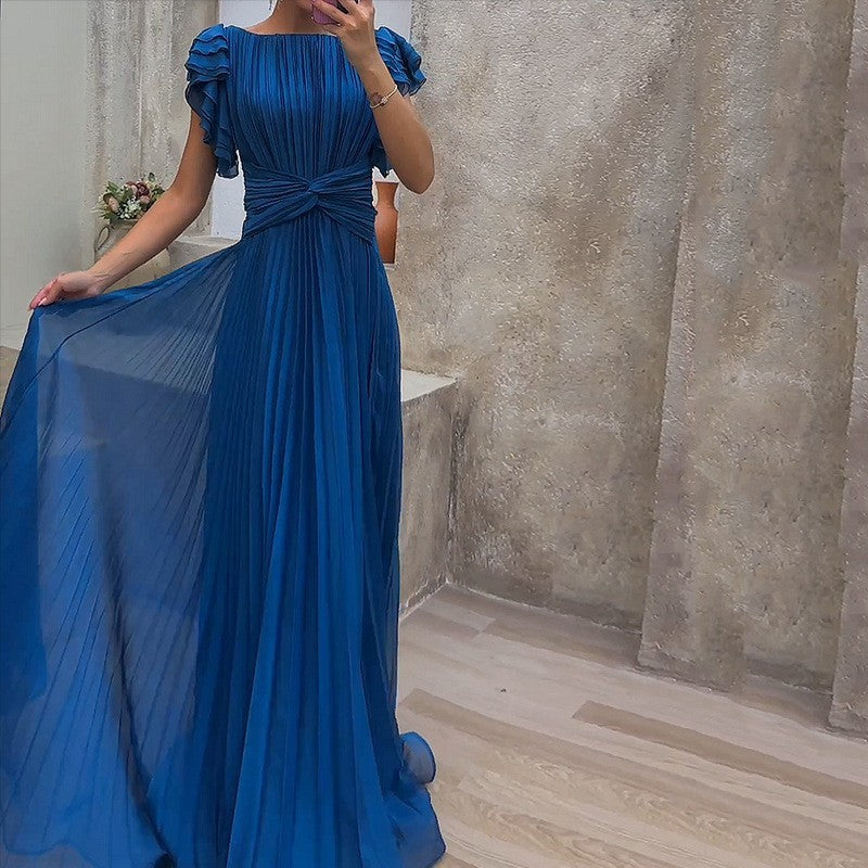 Elisa - Elegantes plissiertes langes Maxikleid in Dunkelblau