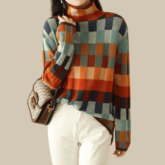 Mara - Damen Kaschmir Pullover mit buntem Karodesign
