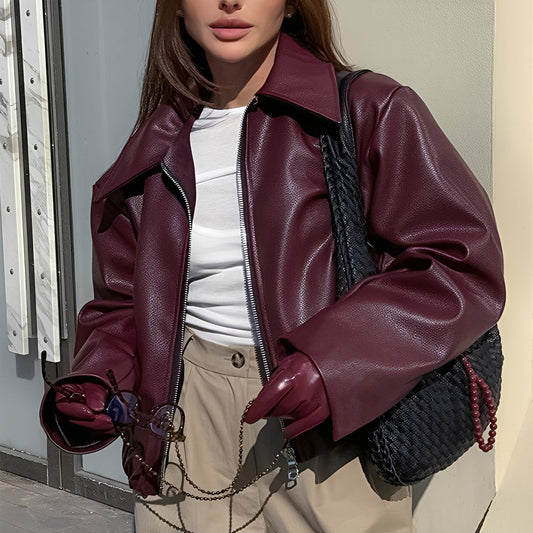 Alina – Damen Kunstlederjacke mit Reißverschluss und klassischem Kragen
