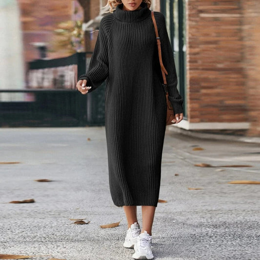 Elena – Damen Strickkleid mit Rollkragen und langer Passform