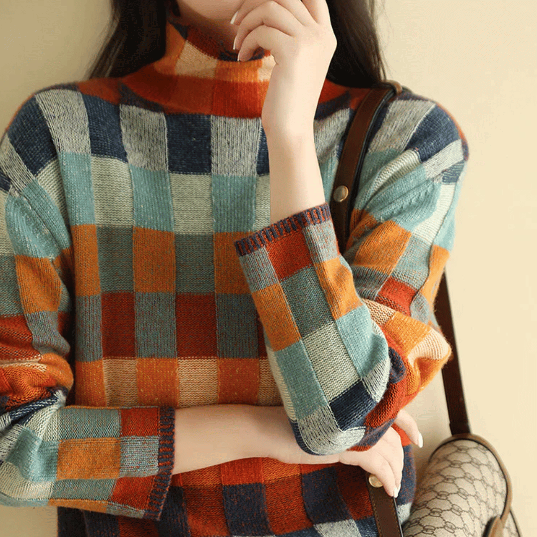 Mara - Damen Kaschmir Pullover mit buntem Karodesign