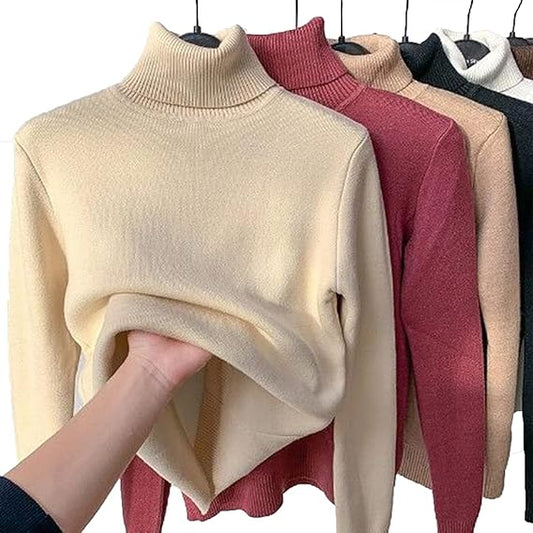 Winter Fleece Thick Knitted Bottoming Shirt, Women&#39;s Casual Soft Thermal High Neck Sweater