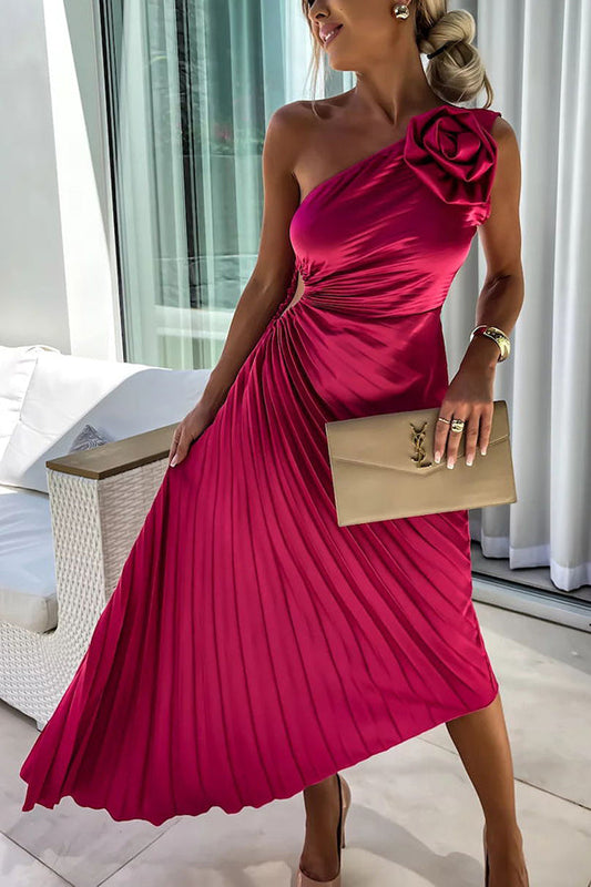 Valeria - Damen One-Shoulder Kleid mit Plissee-Design und Blumendetail