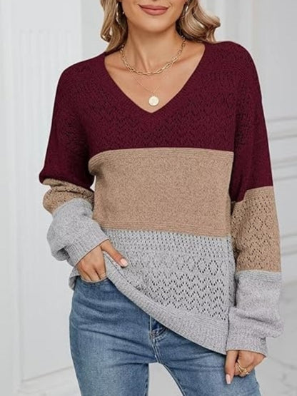 Juliana - Damen Strickpullover mit V-Ausschnitt und Farbblöcken